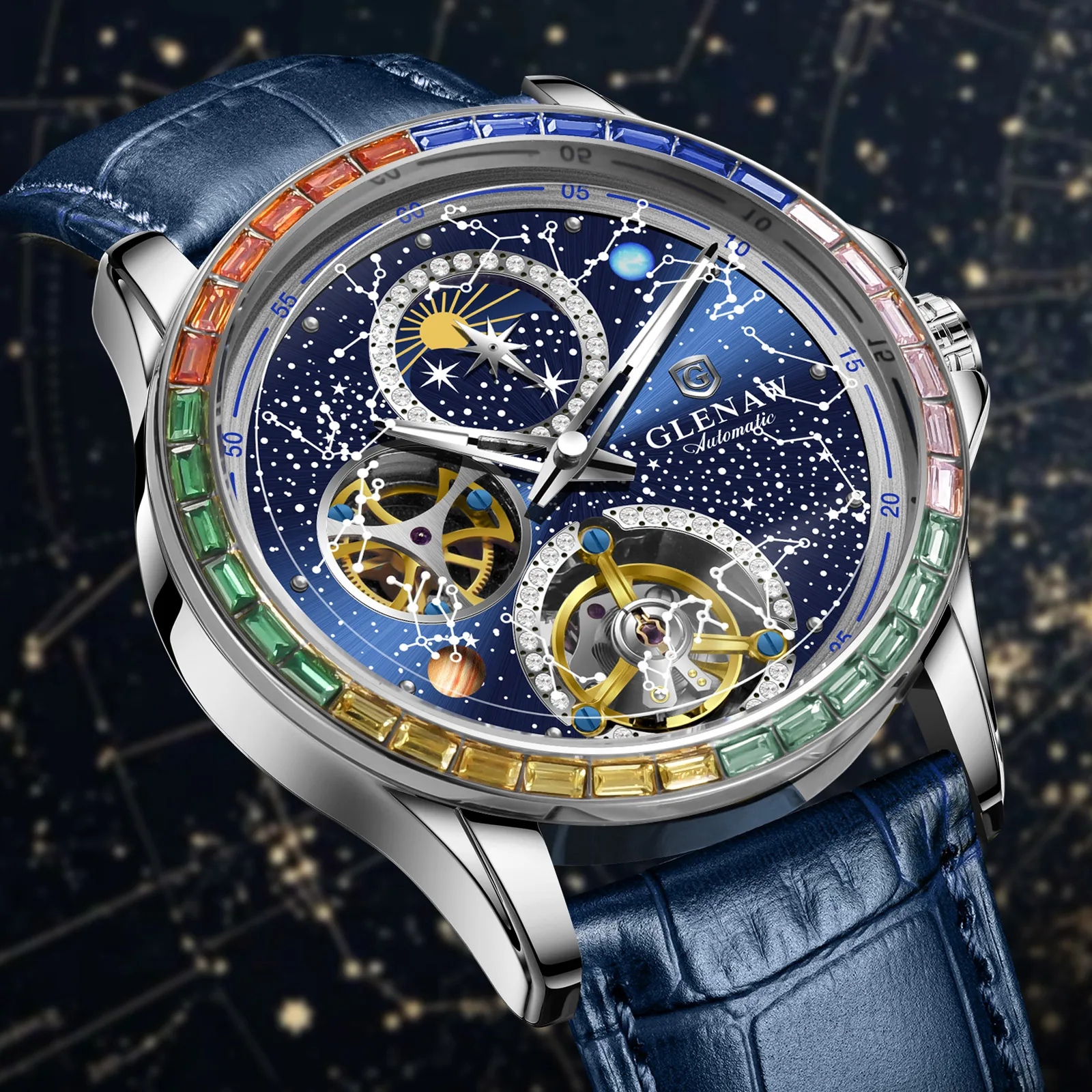 GLENAW Design New Constellation Dial Mechanical Watch Men Rainbow Circle Men Watch Luminous Waterproof Automatic Luxury Watch