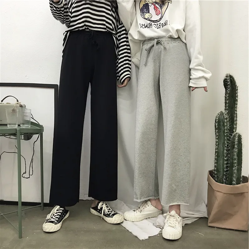 Gray Wide Leg Pants Women's Drapey High Waist Straight Loose Slimming Korean Style Student Sports Casual Nine Point Pants