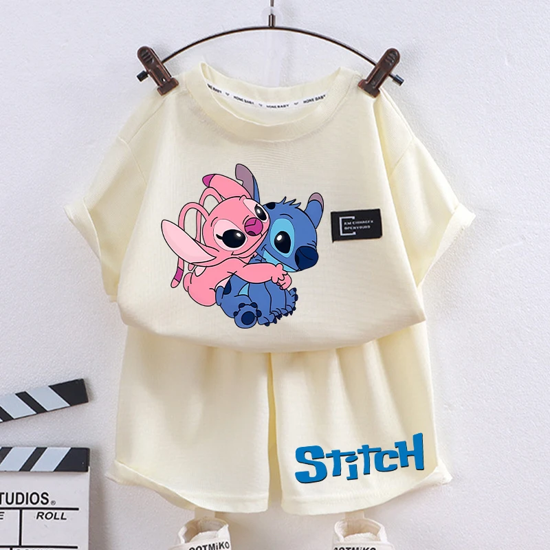 New Cute Lilo Stitch Children T-Shirt Shorts Set Boys Girls Disney Cartoon Printed Short Sleeves Tops Summer 2024 Kids Clothes