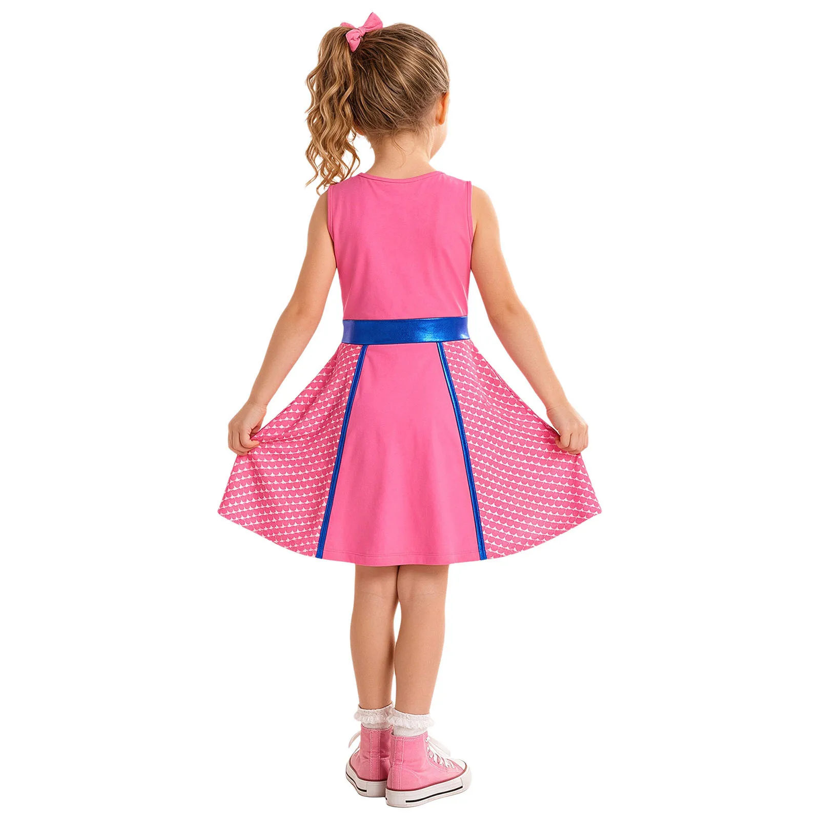 Kids Girls Movie Character Dress Up Costume Sleeveless Metallic Waist Cute Cat Printed Dress Halloween Cosplay Party Outfits