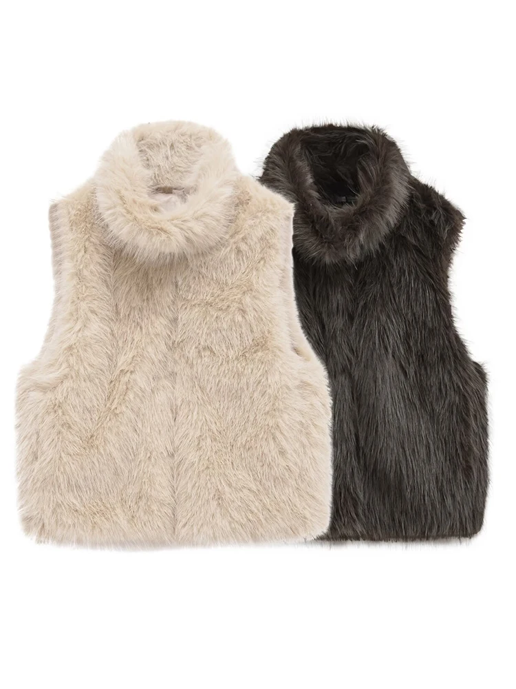 

HH Vintage Women Artificial Fur Effect Vest 2025 Autumn Winter Lapel Warm Loose Sleeveless Waistcoats Chic Lady High Street Top