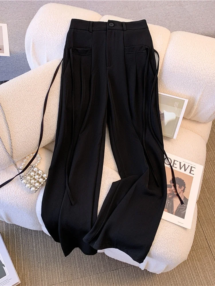 

Женские летние брюки с высокой талией и широкими штанинами, облегающие, струящиеся, с поясом, повседневные, в деловом стиле, с деталями на карманах