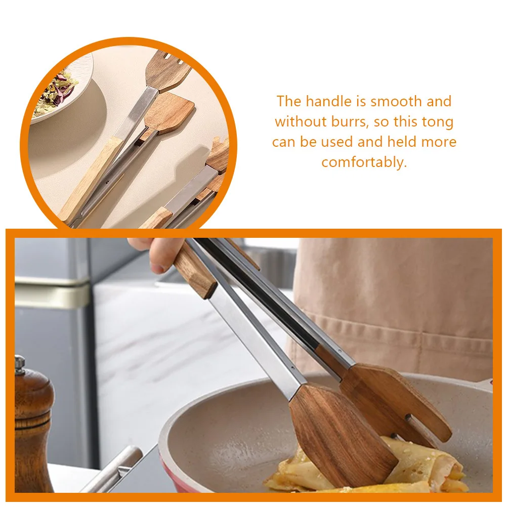 

Food Tongs Stainless Steel Wooden Handle Ergonomic Cooking Tong For Bread Cake Pastry Buffet Bbq Salad Baking Camping