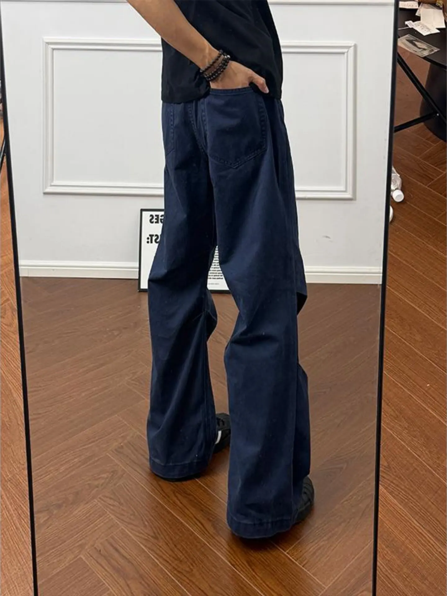 Vintage French Workwear Blue Pleated Pure Cotton Men's Jeans Casual Straight Leg Trousers mid Waist Comfortable Spring Autumn