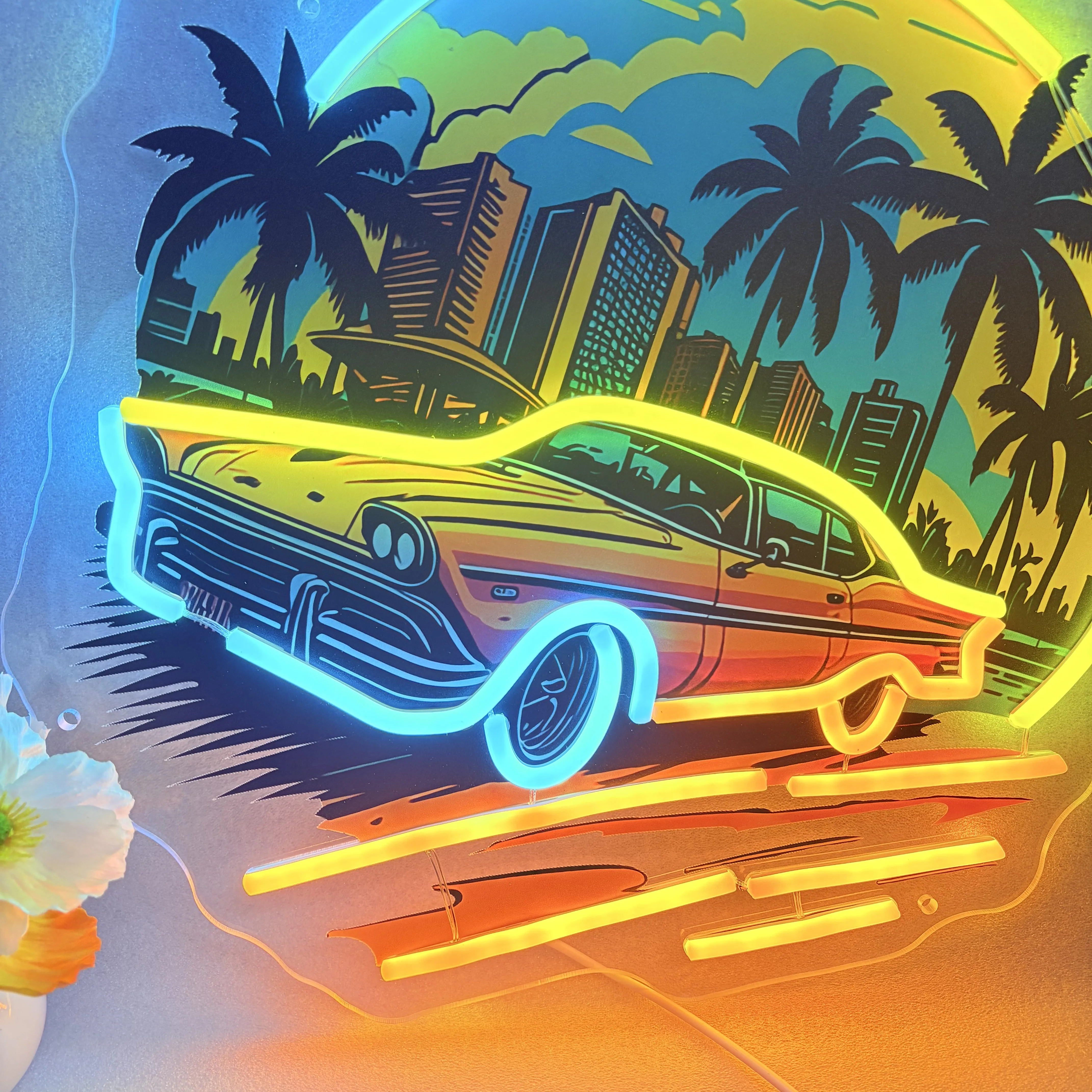 Car Sunset Neon Sign Wall Art Decor UV Print LED Lights Boys Bedroom Landscape Night Lamp Game Room Bar Beer Man Cave Sign