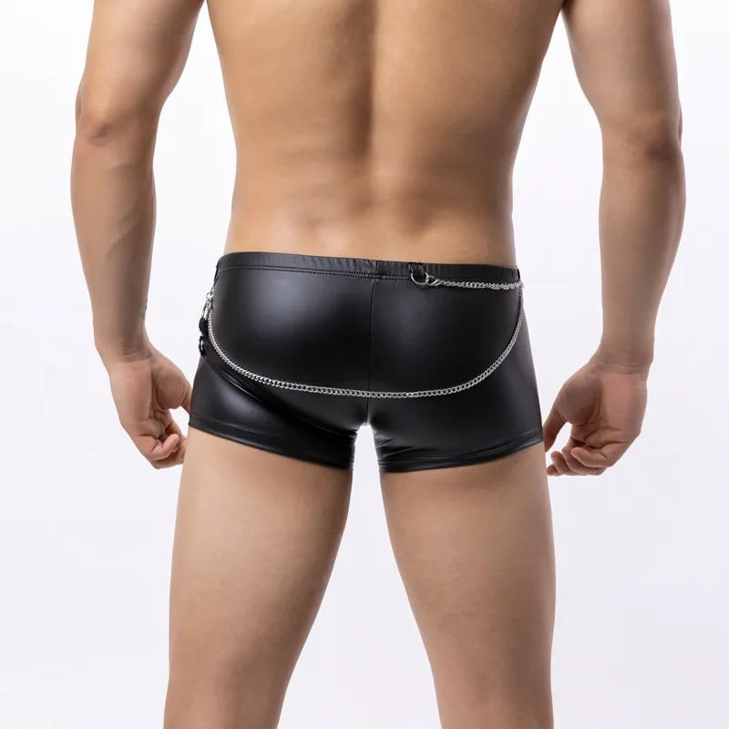 Men Sexy Close Fitting Matte Faux Leather Trunks Wet Look Underwear Pouch Boxer with Chain Buckle Shorts Slim Fit Men's Boxers