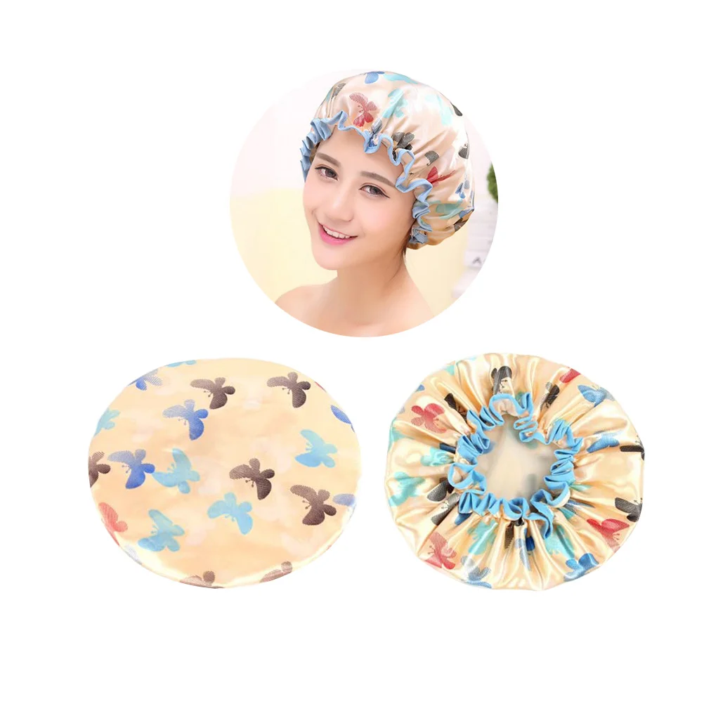 

2Pcs Women Bathing Hat Waterproof Double Layer Satin Shower Cap Elastic Band Apricot Colorful Gray Butterfly Hair Protection