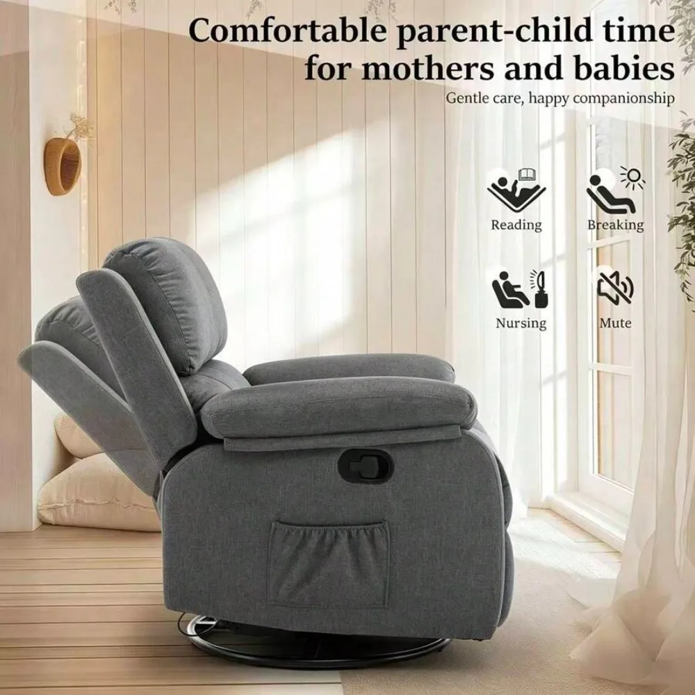 Recliner Chair 360 Swivel Rocker for Adults Small Space Upholstered Fabric Glider with Padded Armrests Modern Living Room Bedroom Reading Room Office Lounge Seating 300lbs Capacity Easy Assembly view 7