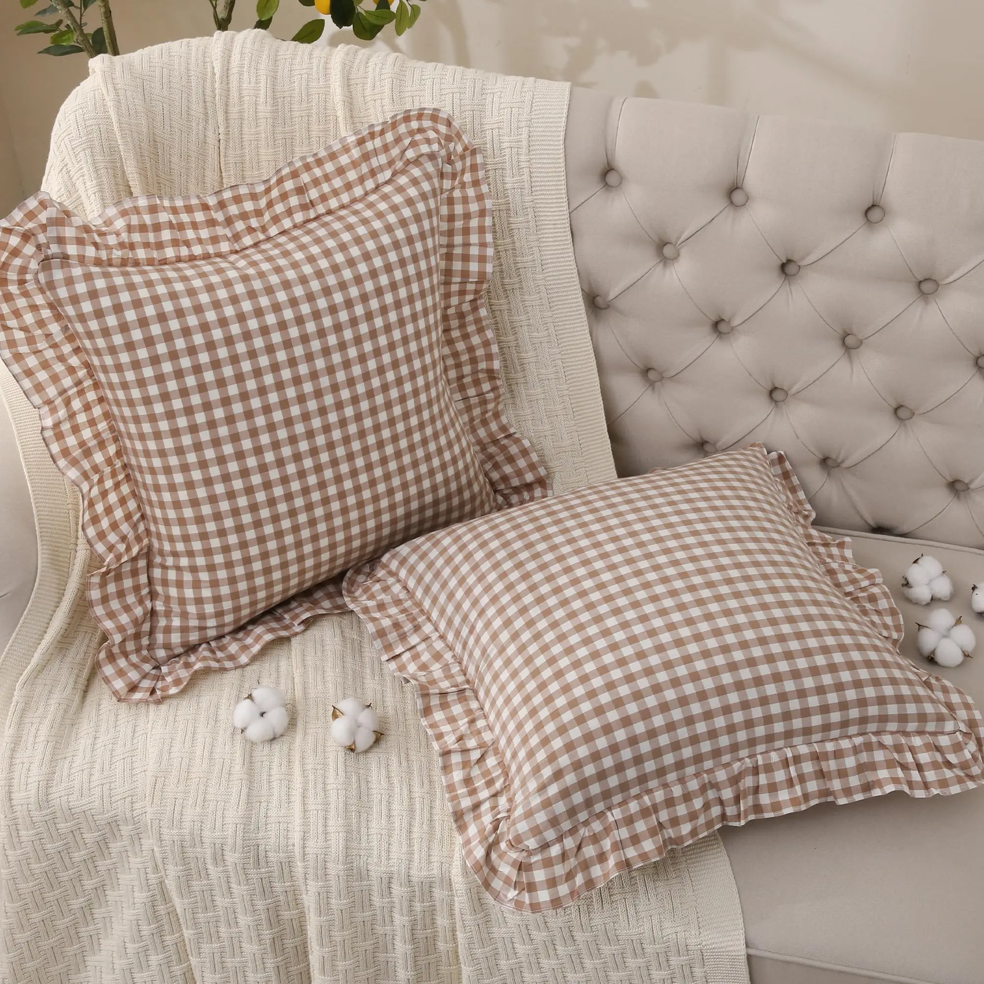 Throw Pillow Covers Washed Cotton Linen Feel Soft Comfy Ruffle Farmhouse Fall Decorative Pillow Case Set of 2 for Couch Sofa Bed