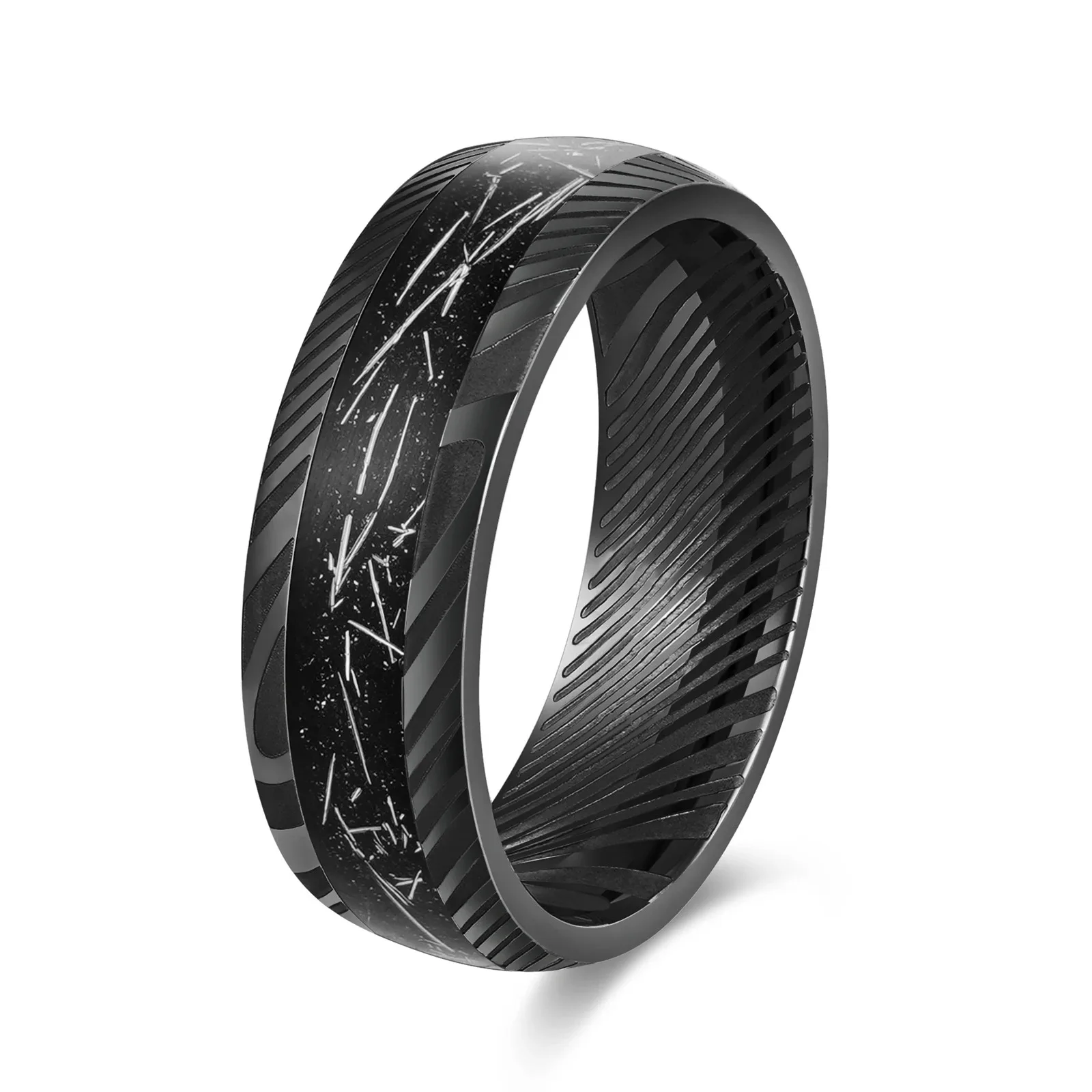 Customized 8mm Width Black Stainless Steel Damascus Ring for Men Inlay Meteorite Boyfriend Gift Size 7-12