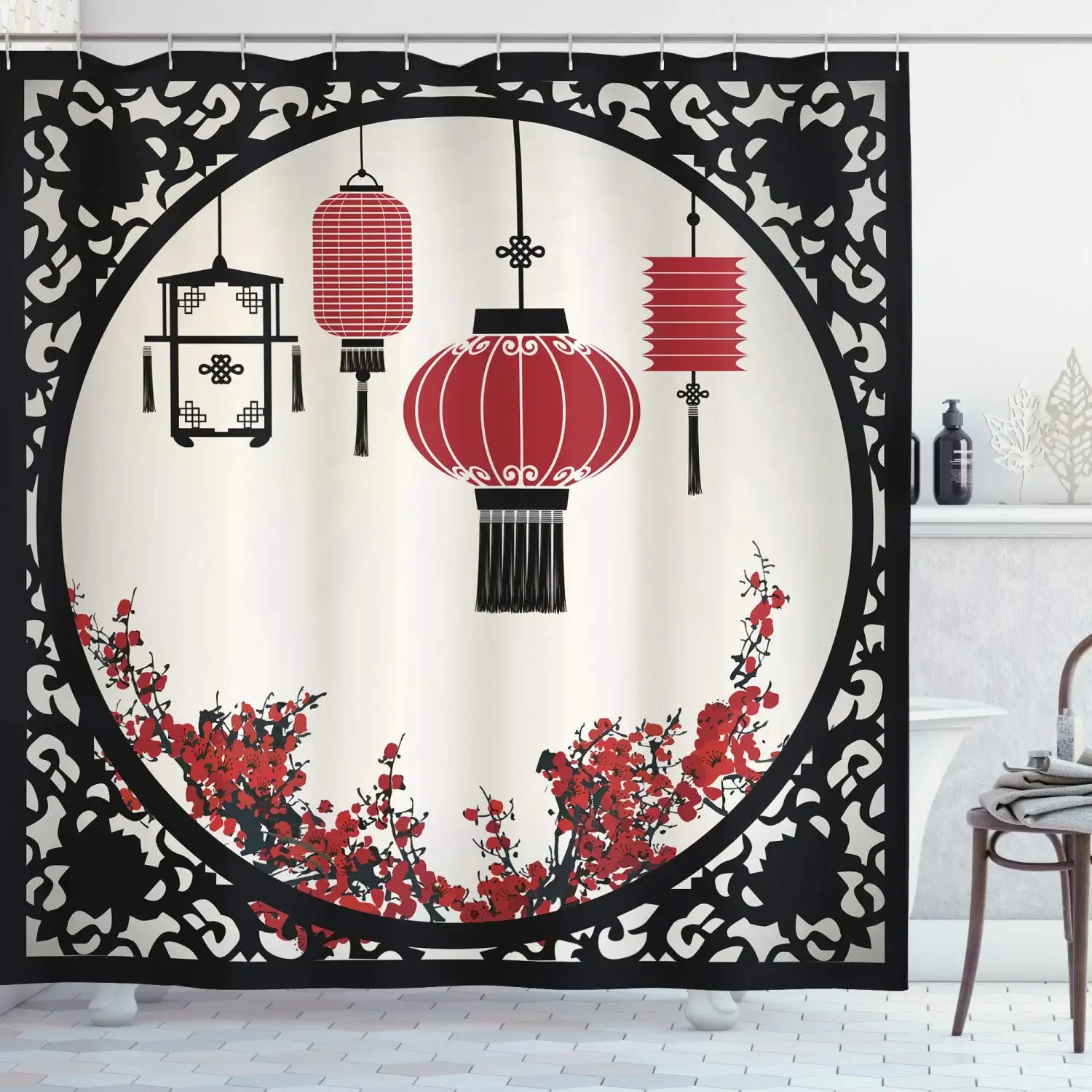 East Shower Curtain,Watercolor Painting Chinese Building Paint Mist At Night Oriental Image Illustration Bathroom Curtains,Hooks