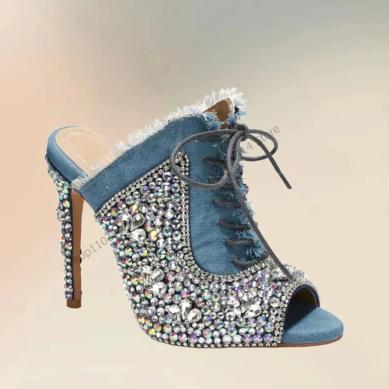 

Blue Denim Patchwork Crystal Decor Peep Toe Slippers Slip On Women Shoes Thin High Heels Novel Fashion 2023 Zapatos Para Mujere