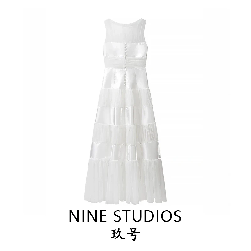 Vestido Largo sin Mangas para Mujer, Marca NINE ZAR, con Paneles de Malla de Color, Corte Ajustado, Estilo Casual, Línea H, Poliéster, Vestido de Moda Informal