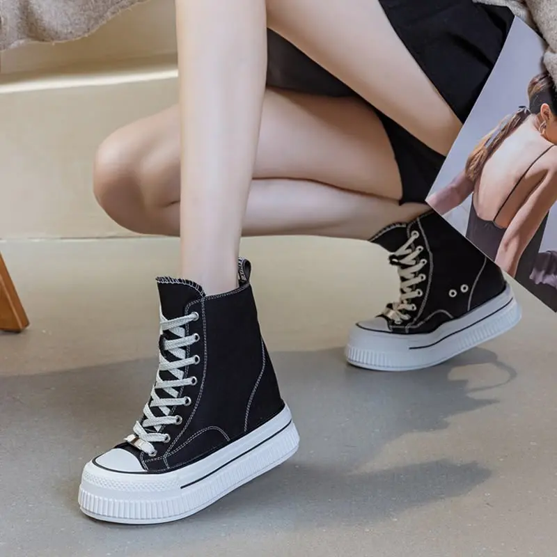 

13CM Women's Canvas High Top Sneakers Casual Lace up Sneakers For Woman Spring Autumn Shoes Winter Warm High Heels Sneaker Shoes