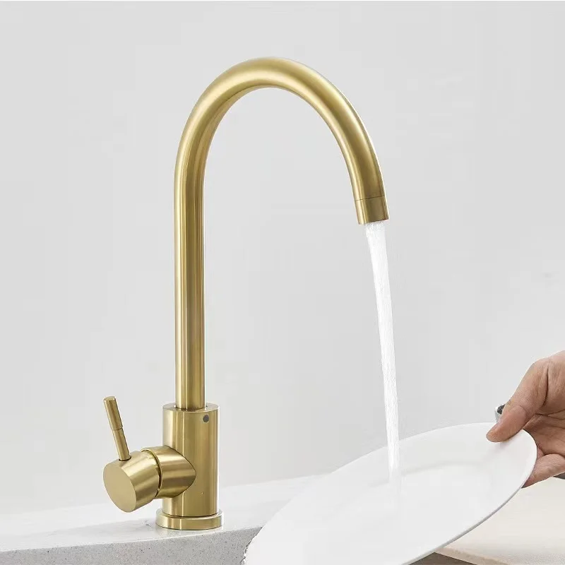 

Brushed Gold Stainless Steel Kitchen Faucet Single Lever Hot Cold Water Mixer Tap Bathroom Washbasin Basin Faucet
