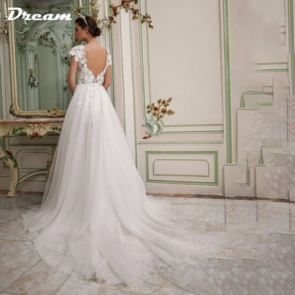 DREAM 3D Flowers Lace Detachable Train Mini Short Wedding Dress V Neck Backless Cap Sleeves High Low Bridal Gown Above Knee