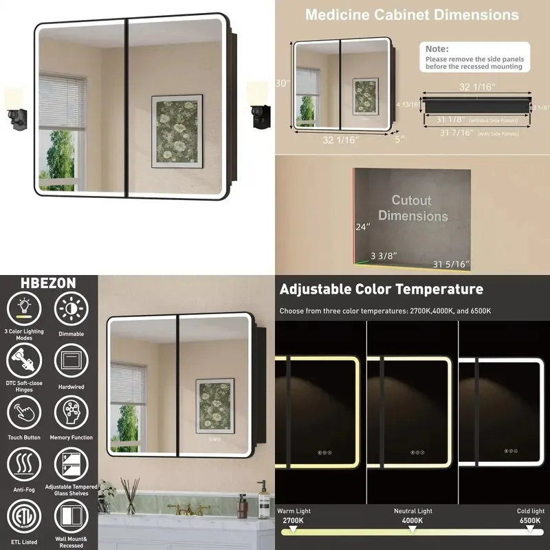 Modern Metal Medicine Cabinet Mirror with LED Lights Dimmable Anti Fog Memory Function for Bathroom Vanity Black Finish