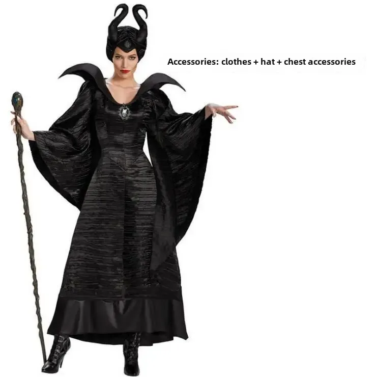 زي الهالوين الساحرة للبالغين رداء طويل نعسان مجوف Maleficent الشيطان الأسود لعب الأدوار ملابس تنكرية للاستخدام الخاص