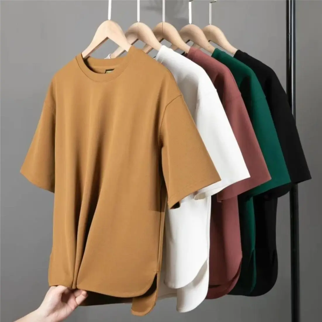 Summer Men Asymmetrical All-match Solid T-shirt Streetwear Fashion Short Sleeve Male Clothing Thick Loose Casual Pullover Tops