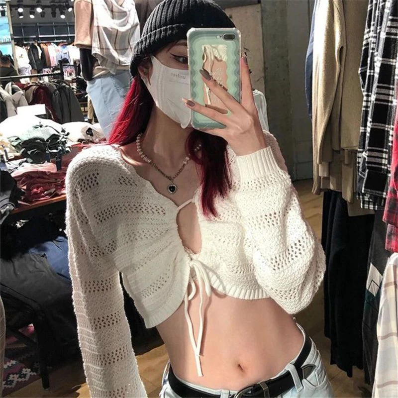 

Crop Long Sleeve Top 2023 Korean Fashion Sexy Summer Thin Hollow Out Women Chic Harajuku New Tunics Oversized Slim Drawstring