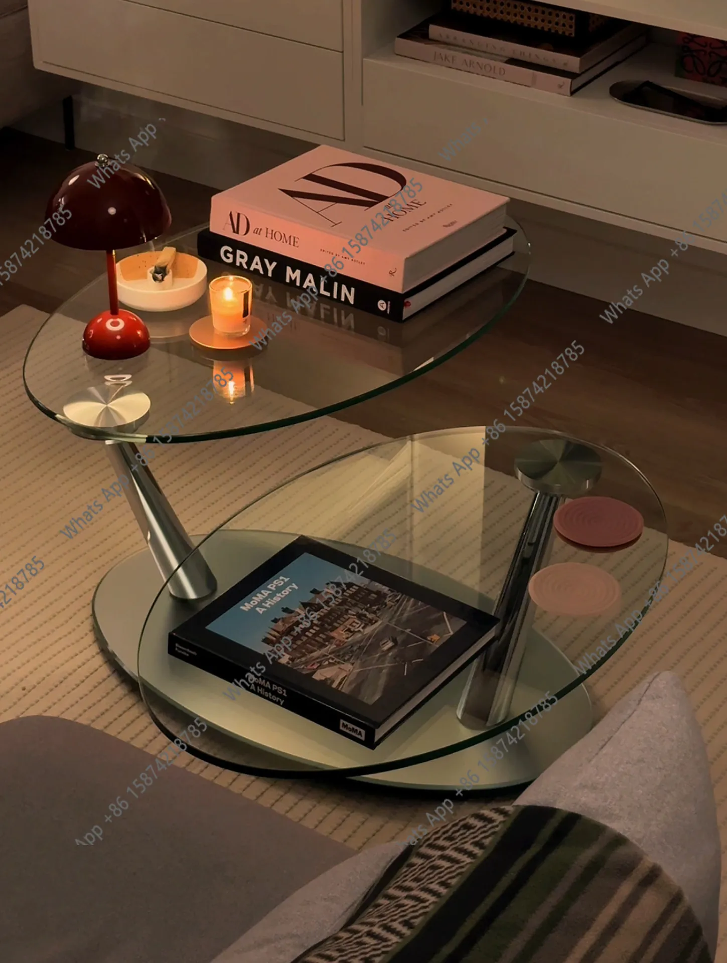 Small apartment deformed coffee table movable folding rotating advanced glass coffee table retro design