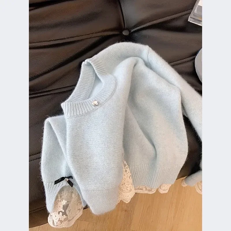 

High-End Feeling Crew Neck Top Blue Soft Cozy Women's Knitted Sweater with Butterfly Knot Design Base Layer Inner Wear