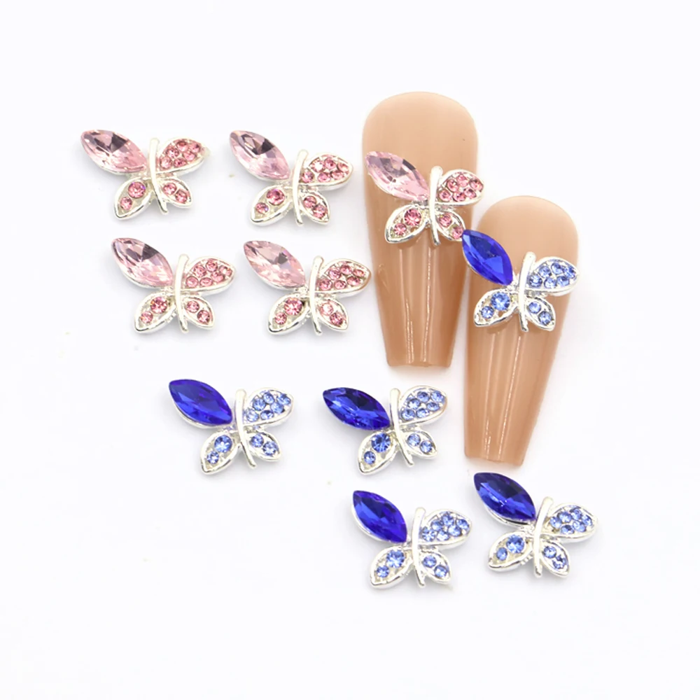 10Pcs Gem Alloy Butterfly Nail Art Charm 3D Luxury Diamond Crystal Shiny Butterfly Nail Ornament DIY Exquisite Nail Accessories