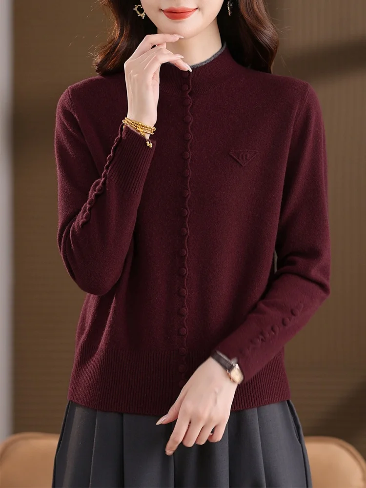 Birdtree,100% Sheep Wool Knitted Sweater,Woman Soft Mock Neck Warmth Button Tops,Full Sleeve,2025 Fall Winter Pullover T5N403JF