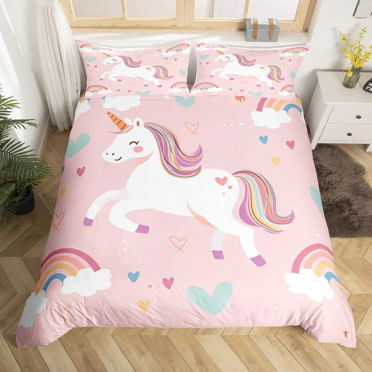 かわいいレインボーユニコーン布団カバーセット-キングサイズ-カワイイハート柄寝具セット-枕カバー2枚付き-リバーシブル