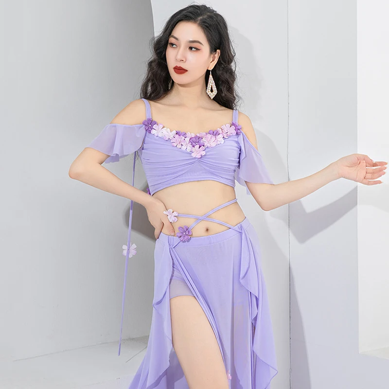 

Women Belly Dance Fairy Flower Petal Ribbon Oriental Mesh Practice Dress Dancewear Group Competition Performance Costume