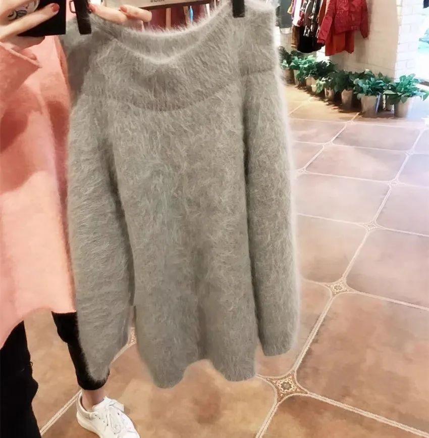 New Korean Women Sexy Off Shoulder Soft Mink Cashmere Pullover Autumn Winter Thick Mohair Knitted Loose Slash Neck White Sweater