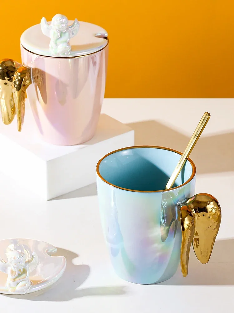 Creative Pearlescent Colored Ceramic Mug with Angel Wings, Coffee Cup with Lids, Cute Flower Tea Tazas Afternoon Teacup,Drinkwar