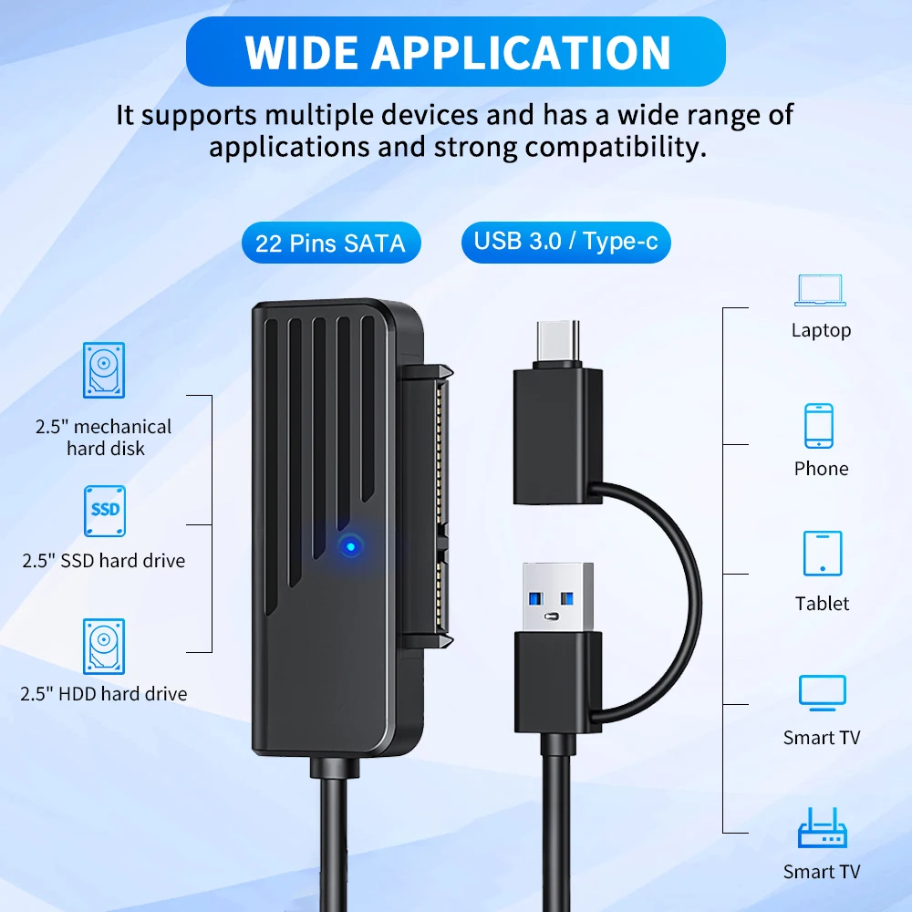 

Для 2,5-дюймового жесткого диска HDD SDD, жесткого диска, адаптер SATA 3, адаптер SATA к USB 2,5, кабель Type C к SATA III, 5 Гбит/с, технические характеристики