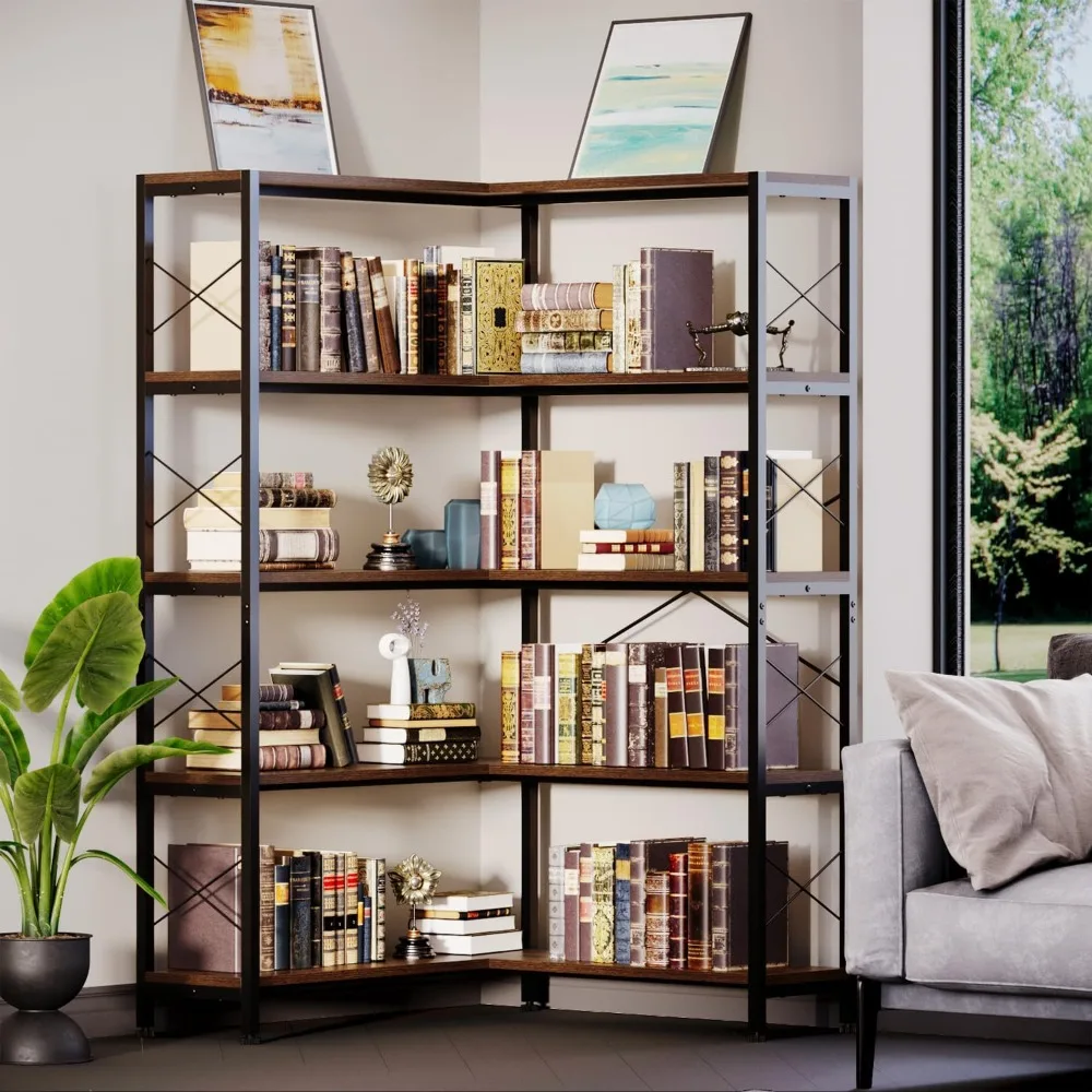 

5-ярусная угловая книжная полка с местом для хранения, небольшая L-образная книжная полка для небольших помещений, промышленная высокая подставка для растений, угловая книжная полка