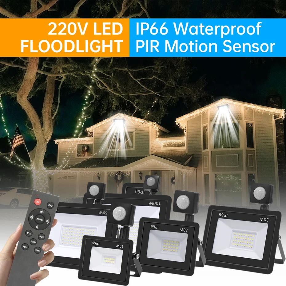 

220V LED Floodlight Reflector 10W 20W 30W 50W 100W PIR Motion Sensor Flood Light Spotlight Remote Control For Outdoor Lighting