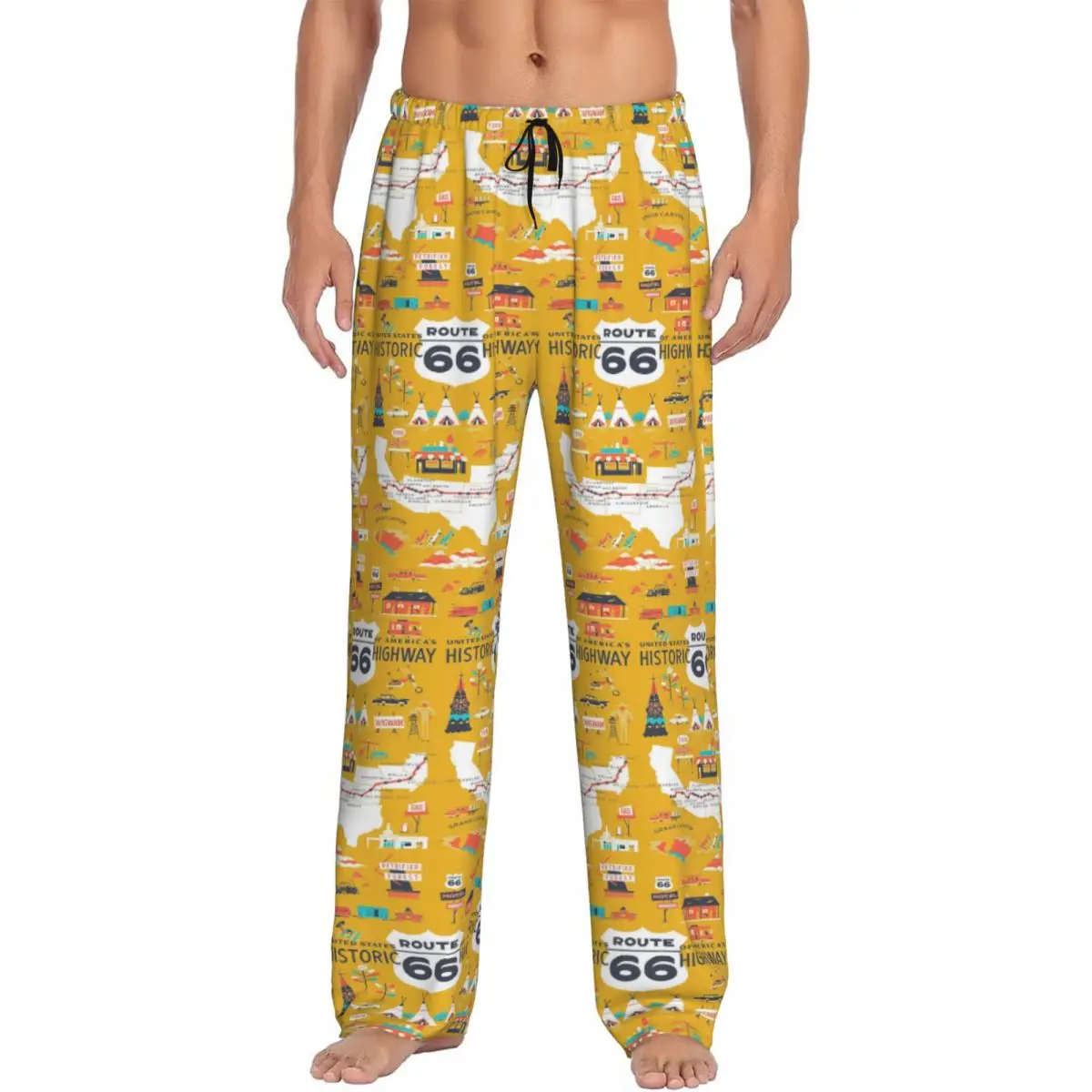 Custom Route Main Street Of America 66 Pajama Pants Sleepwear Men's Elastic Waistband Sleep Lounge Bottoms with Pockets