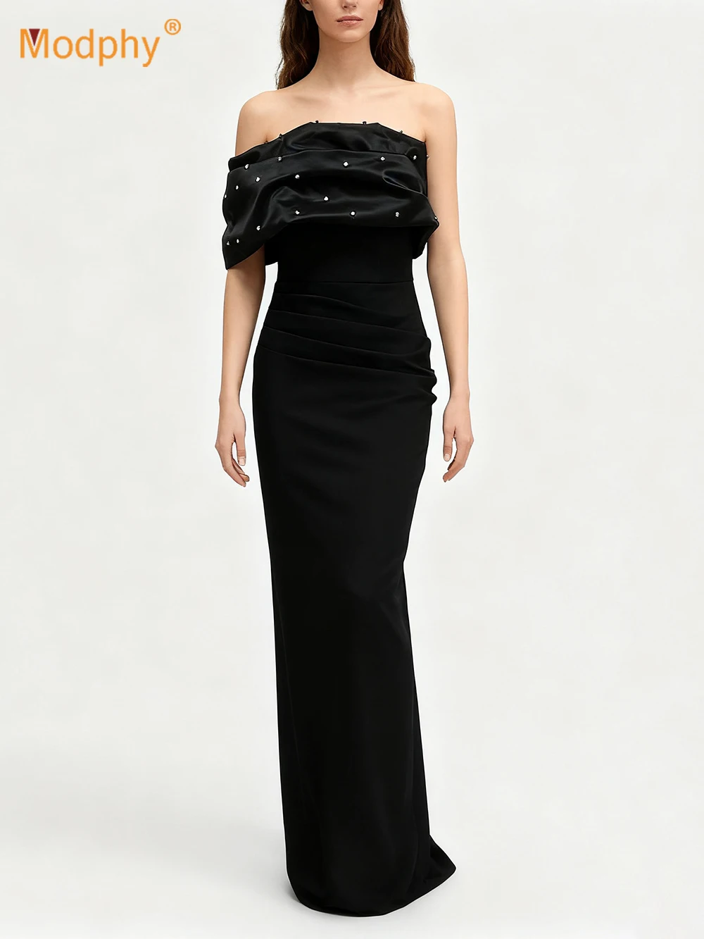 Modphy レディース セクシー ストラップレス ダイヤモンド ブラック マキシ ロング バンデージドレス 2025 新作 エレガント イブニング クラブ パーティー 誕生日 プロム ガウン