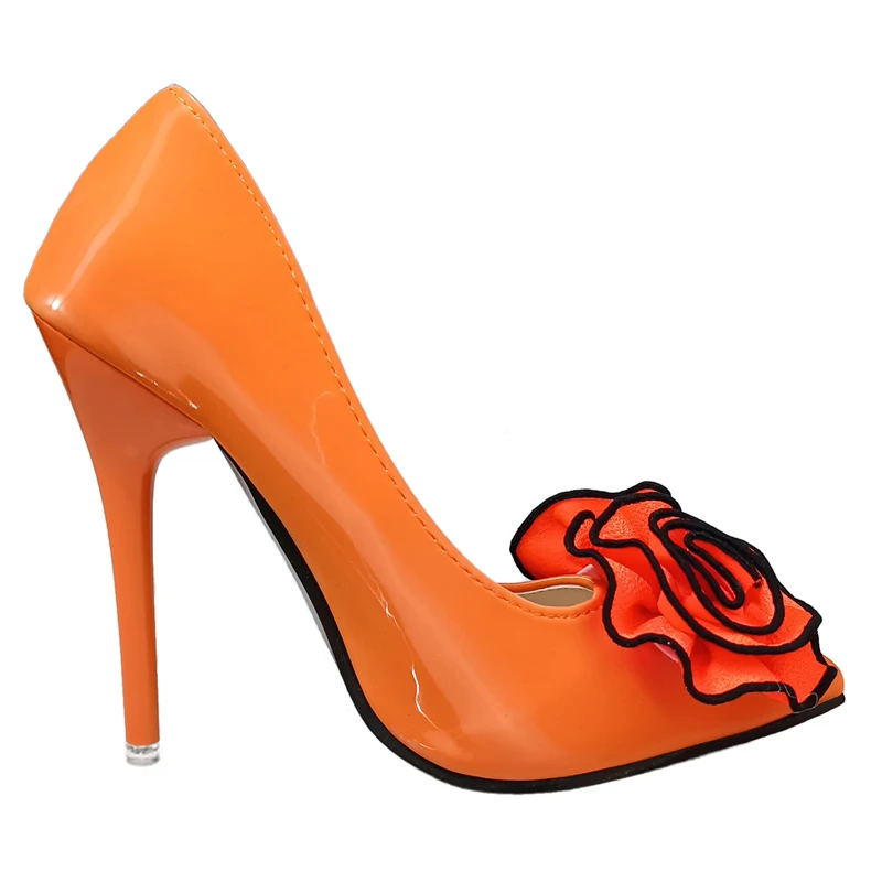 Super High 12cm Stiletto Heels Pumps Women Shoes Flowers Appliques Pointed Toe Orange Patent Leather Office Party Thin Heel