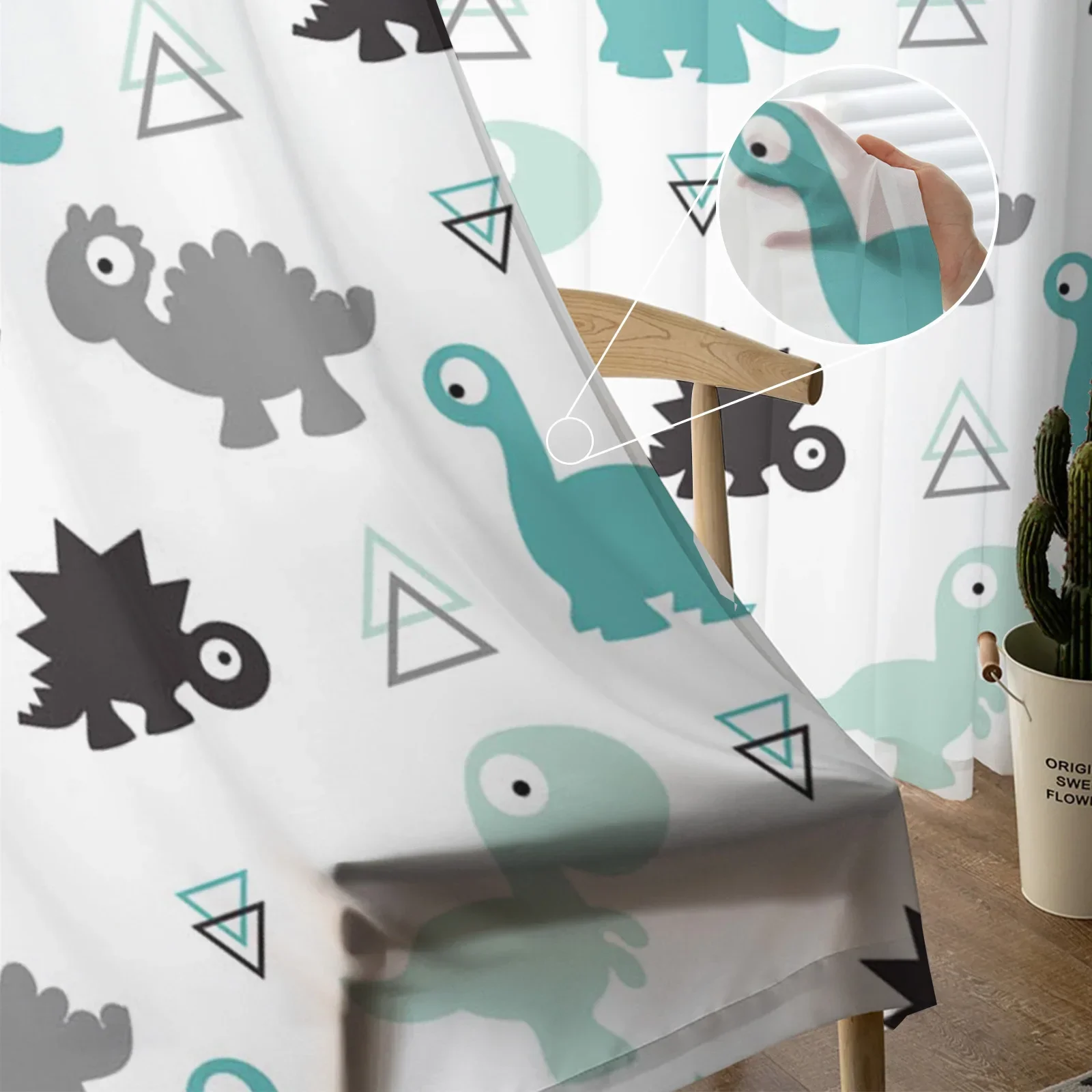 Dinosaur Cartoon Kawaii Geometric Tulle Sheer Window Curtains for Living Room the Bedroom Modern Voile Organza Curtains Drapes