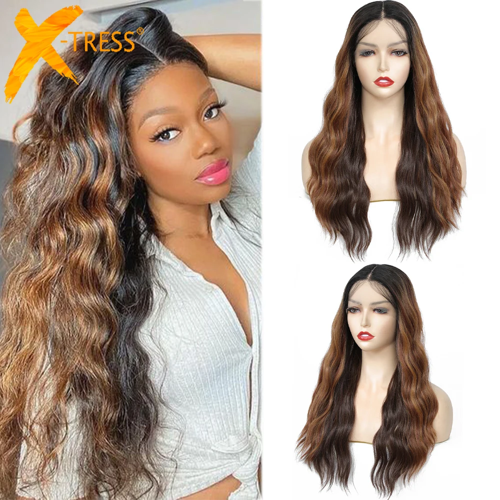 X-TRESS Synthetic Lace Wigs Ombre Brown Color Long Natural Wave Middle Free Part Hair Soft Wig For Women Heat Resistant Fiber