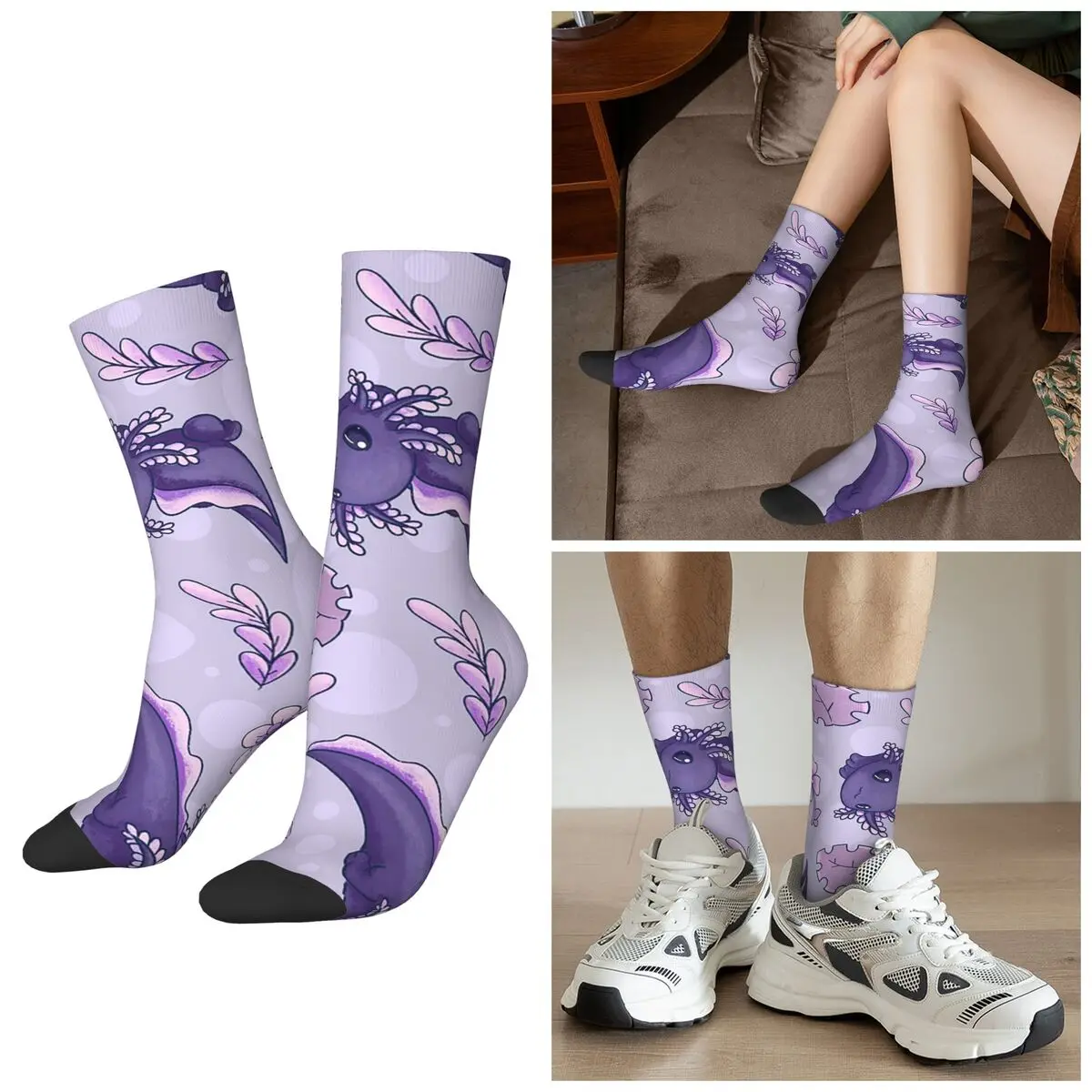 All Seasons Cute Cartoon Axolotl And Floral Pattern Socks Harajuku Crew Socks Stockings for Men Women Valentine's Day Gifts
