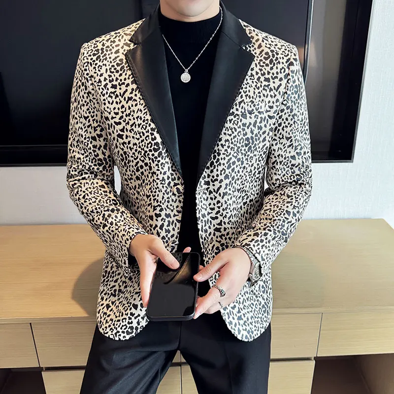 British Style Leopard Print Suit Jacket for Men Fashion Slim Fit Blazer Masculino Casual Business Wedding Social Dress Coats