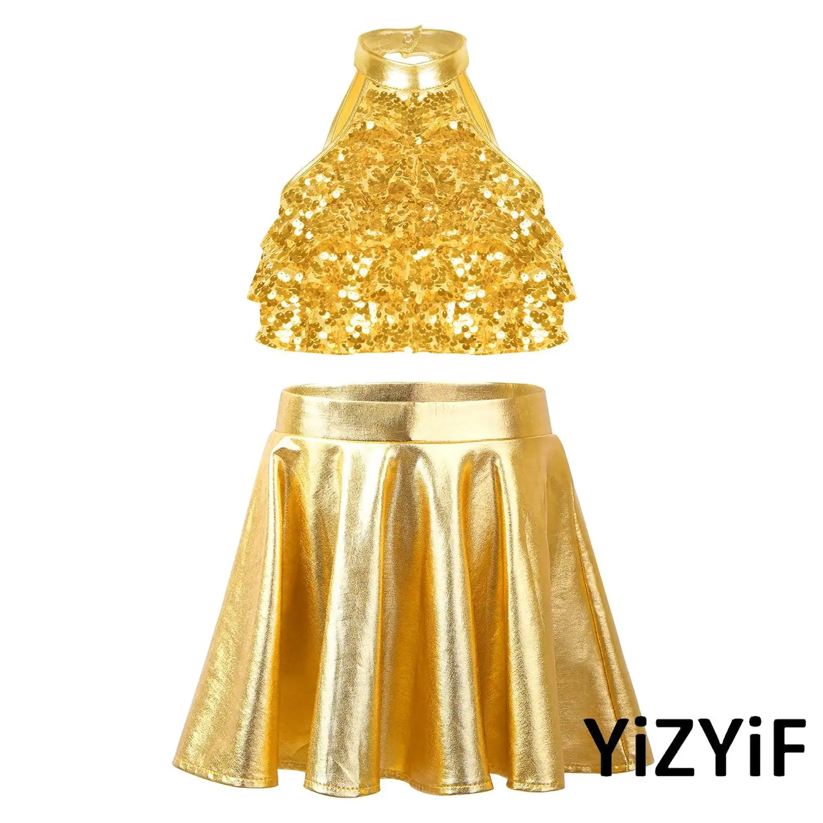 

Kids Girls Jazz Dance Costume Sleeveless Mock Neck Shiny Sequins Tiered Crop Top+Metallic Ruffled Skirt Ballet Belly Dancewear