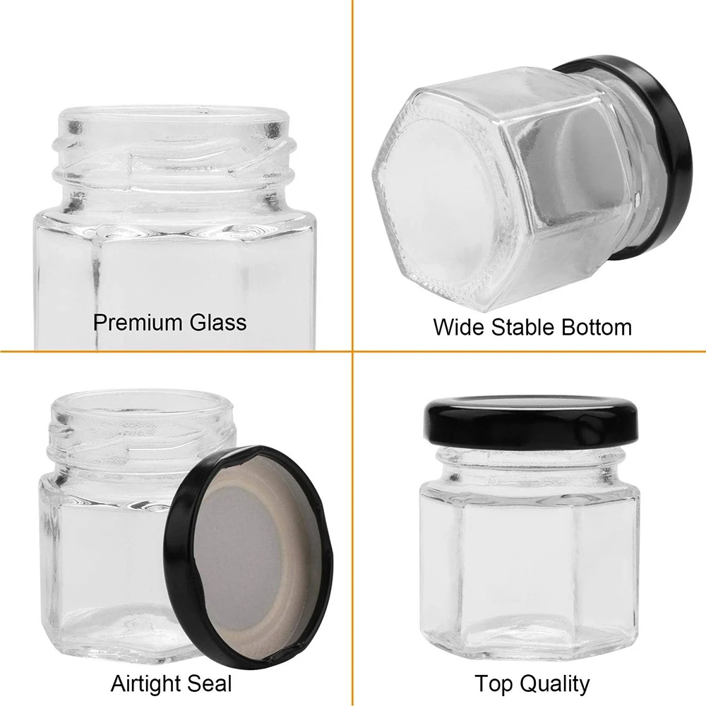 1.5 oz Clear Hexagon Jars,Small Glass Jars With Lids(black),Mason Jars For Herbs,Foods,Jams,Liquid,Mini Spice Jars