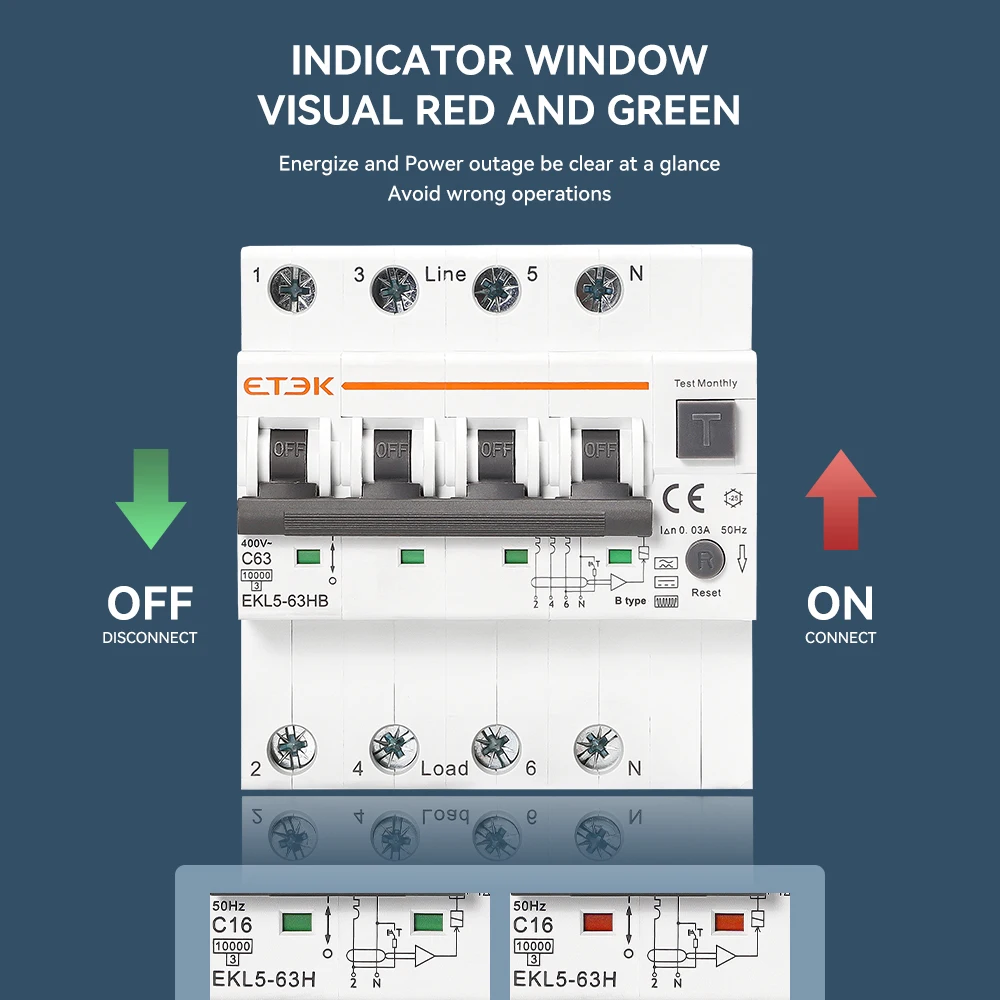 Imagem -02 - Etek-tipo b Rcbo Disjuntor Automático Residual sobre a Proteção Atual do Vazamento 30ma Ekl5 10ka 3p Mais n 4p 40a 63a