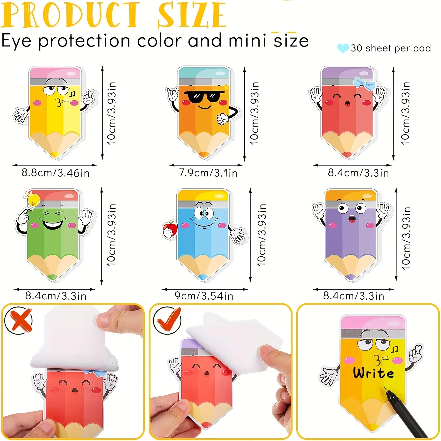 연필 모양의 스티커 메모 12개: 생생한 만화 얼굴이 있는 360페이지! 학교, 사무실, 집 및 책상용. 훌륭한 선물 및 문구류