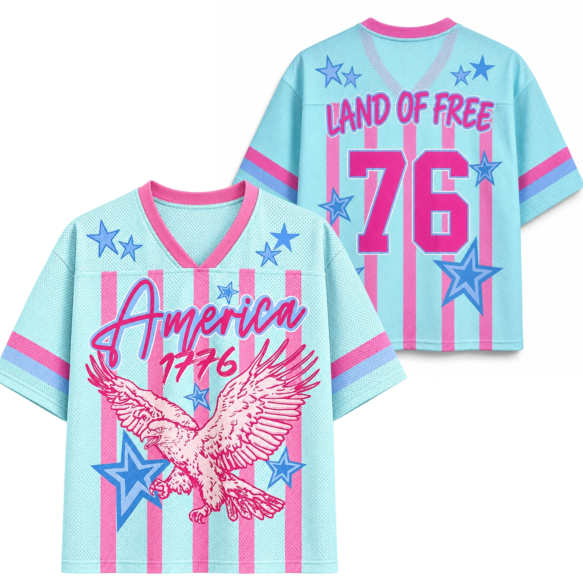 Striped Eagle Star America Letter Print V Neck Jersey Color Contrast Trim Short Sleeve Retro Streetwear Casual Sports Top