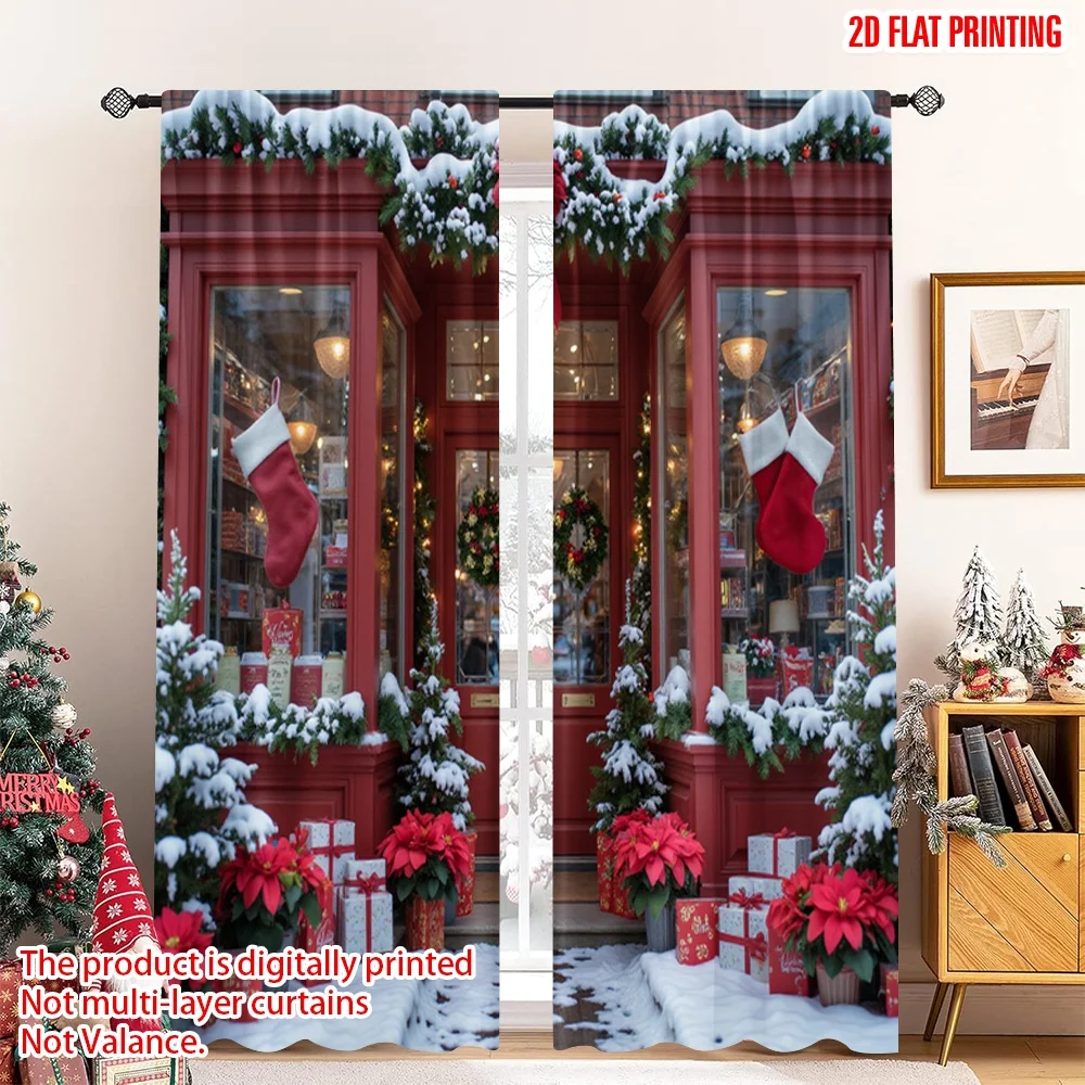

2pcs 2D flat printing Merry Christmas Window Curtains Christmas Candy Shop Gifts Fabric Without Electricity Birthday Party