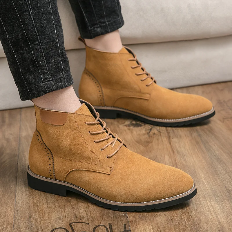 

Retro Cow Suede Leather Men's Business Casual High Top Leather Shoes Ankle boots Chelsea Fashion Oxfords For Men