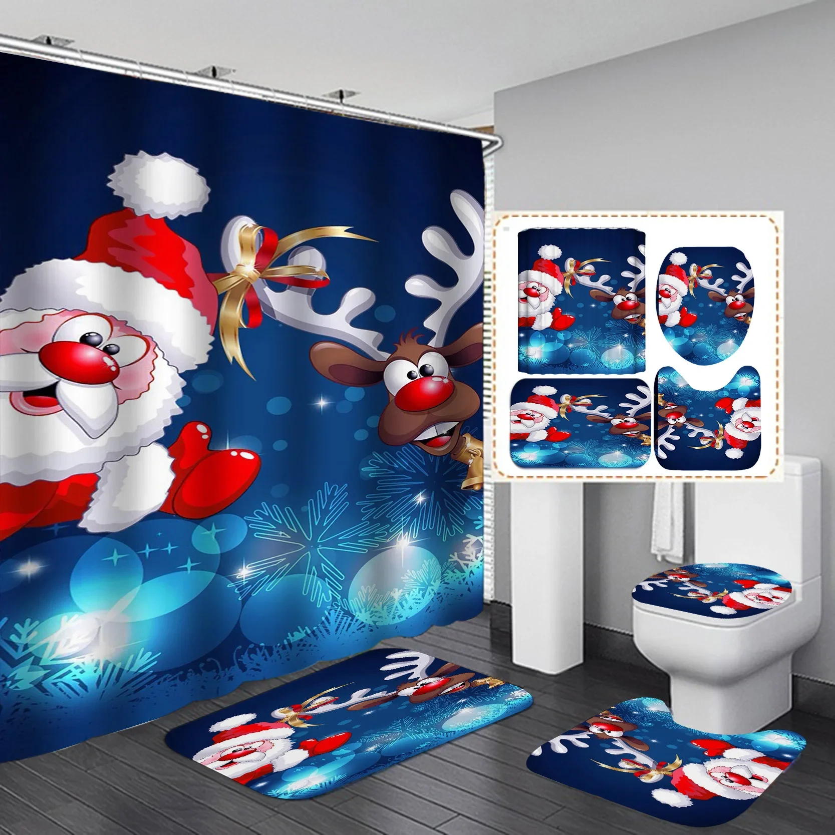 Cute Santa Claus and Reindeer Shower Curtain Set with Matching Bath Mat for Festive Bathroom Decor
